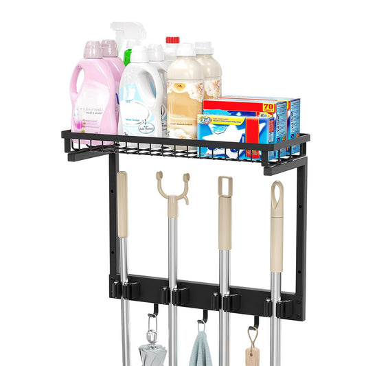 XLP Heavy Duty Broom Holder Wall Mount, All-Metal Cleaning Supplies Organizer & Mop Holder, Space Saving Wall Hanging Rack with Hooks for Home, Garage, Laundry Room - Black