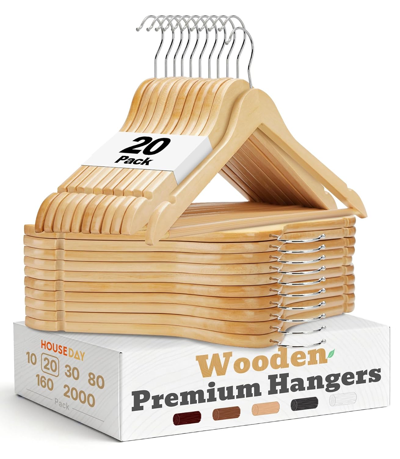 HOUSE DAY Wooden Hangers 20 Pack, Solid Wood Hanger with Non Slip Pant Bar, Heavy Duty Wooden Coat Hanger for Closet, Smooth Finish Wood Clothes Hangers for Shirts, Suits, Jackets, Dresses, Natural
