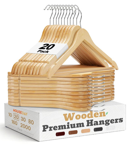 HOUSE DAY Wooden Hangers 20 Pack, Solid Wood Hanger with Non Slip Pant Bar, Heavy Duty Wooden Coat Hanger for Closet, Smooth Finish Wood Clothes Hangers for Shirts, Suits, Jackets, Dresses, Natural