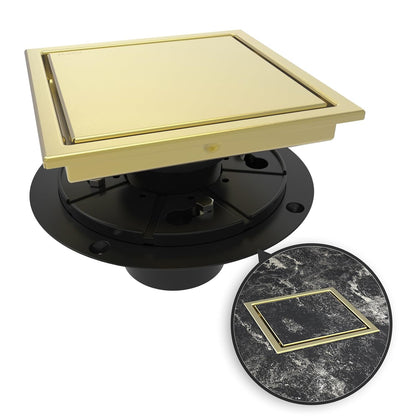 6 Inch Square Shower Drain Gold Floor Drain with Flange Reversible 2-in-1 Cover Tile Insert Grate Removable SUS304 Stainless Steel CUPC Certified Brushed Gold