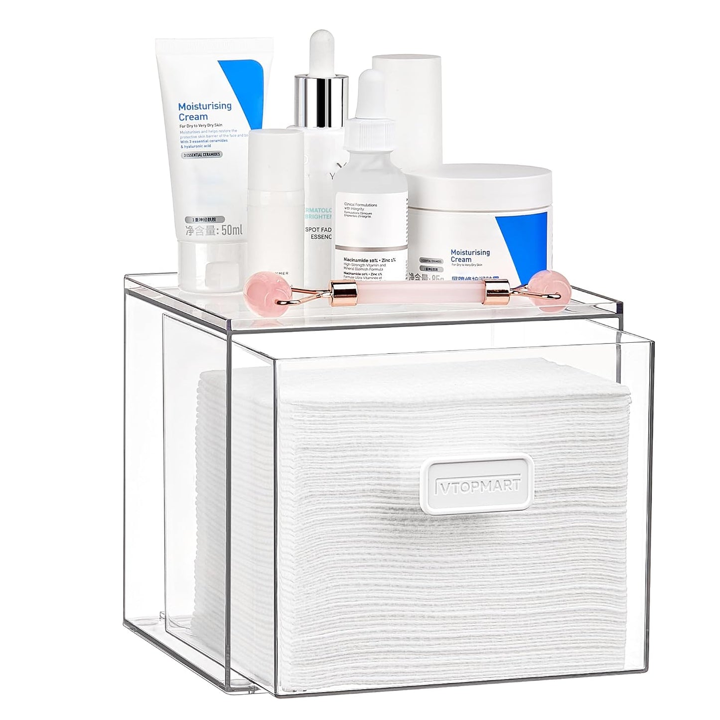 Vtopmart Disposable Facial Towels Holder,Clear Storage Drawer Compatible with Clean Skin Club Towel XL,Acrylic Box Hold 50 Count,Stylish and Functional Bathroom Accessory for Coutertop Organization