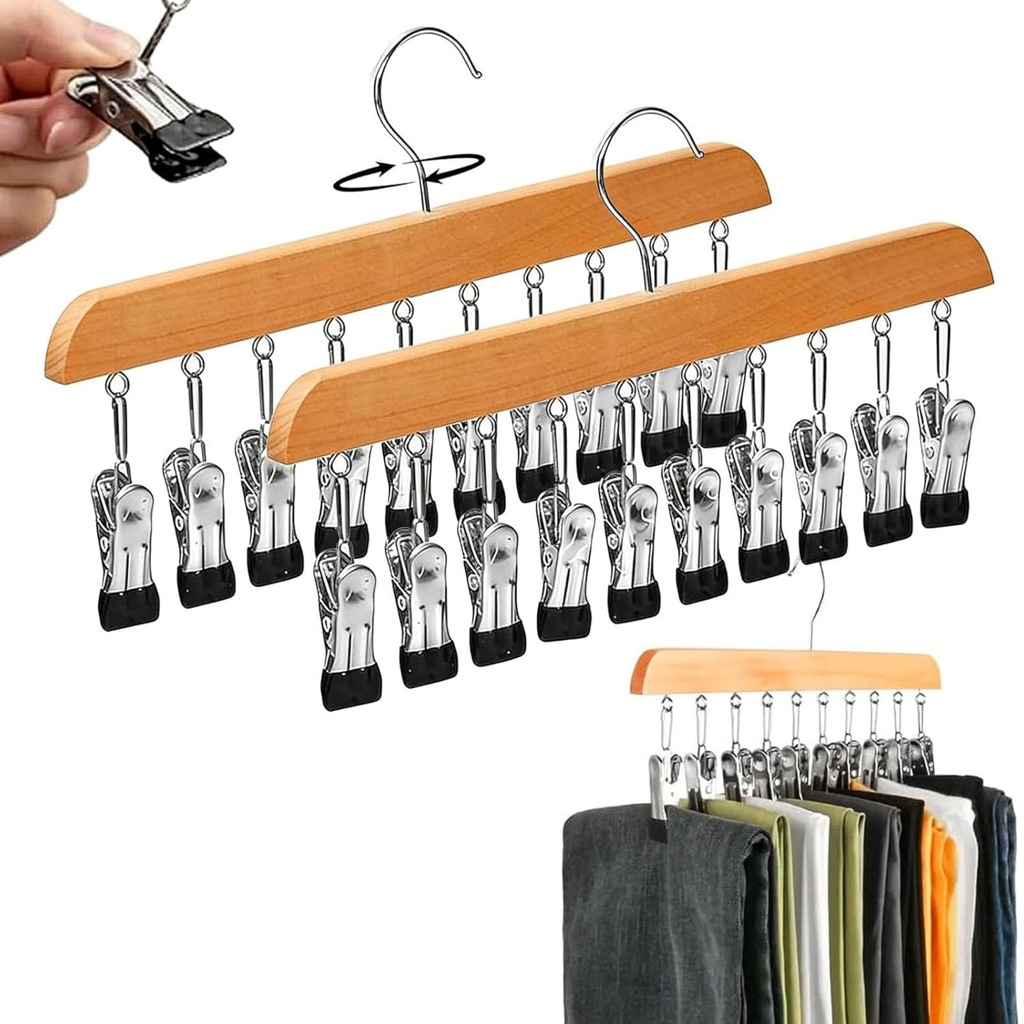 2 Pack Legging Organizer for Closet, Wooden Pants Hangers with 10 Clips | Holds 20 Jeans, Skirts, Underwear, Panties, Space Saving Hangers for Wardrobe Storage & Organization