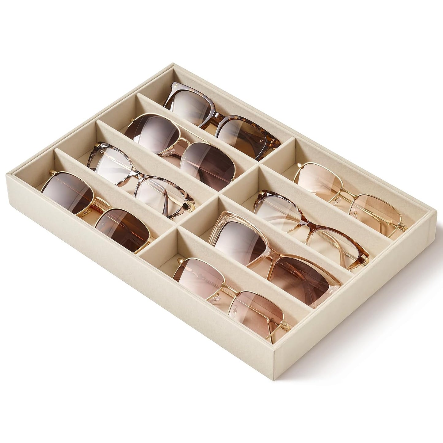 pickpiff Drawer Sunglass Organizer & Display Tray: 1 Pcs 8 Grids Velvet Scratch-Free Eyeglasses Case (13.8x9.4x1.6inch) - Soft Beige Glasses Storage Holder Box for Men & Women