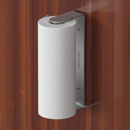 Mbillion Brushed Silver SUS304 Paper Towel Holder | Wall mounte and self-adhesive under cabinet paper towel rack, premium stainless steel for kitchen