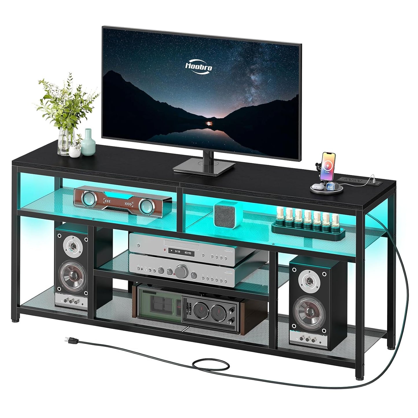 HOOBRO LED TV Stand with Charging Station, 4-Tier Entertainment Gaming Center, Modern Media Console Table, Open Shelves, 55.1"L x 13.8"W x 26.2"H, for TVs up to 65", for Living Room, Black BB47UDDS01
