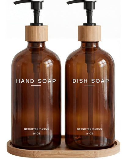 Amber Glass Hand and Dish Soap Dispenser Set by Brighter Barns - Kitchen Soap Dispenser Set with Tray - Bamboo Pump Bottles for Kitchen Sink - Modern Home Decor, Neutral Decor for Airbnb, Gift (Amber)