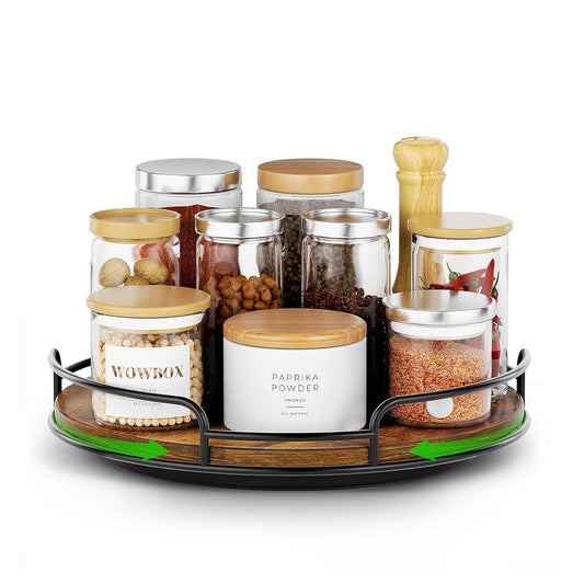 WOWBOX 9" Wood Lazy Susan Turntable Organizer for Cabinet, Pantry & Counter | Smooth 360° Rotation, Space-Saving Wooden Organizer for Spice Jars, Kitchen, Bathroom, Vanity & Tabletop