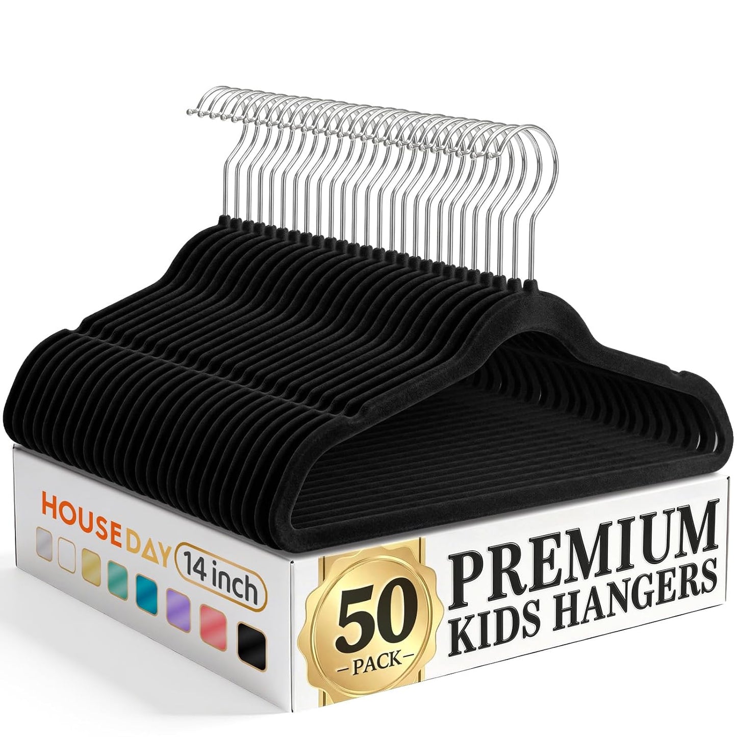 HOUSE DAY 14 Inch Kids Velvet Hangers 50 Pack, Durable Big Kid Hanger Black | Children Hangers for Youth, Teen, Non Slip Kids Felt Hanger, Cute Small Hanger for Closet, Ideal for Everyday Use