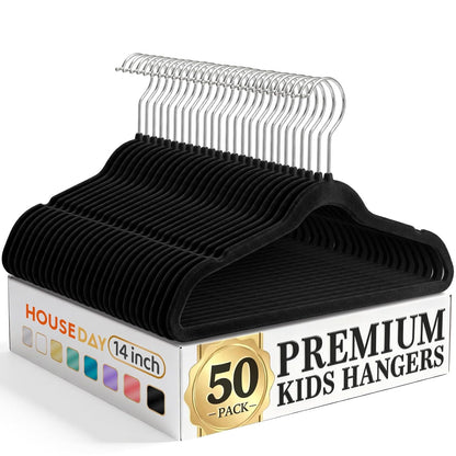 HOUSE DAY 14 Inch Kids Velvet Hangers 50 Pack, Durable Big Kid Hanger Black | Children Hangers for Youth, Teen, Non Slip Kids Felt Hanger, Cute Small Hanger for Closet, Ideal for Everyday Use