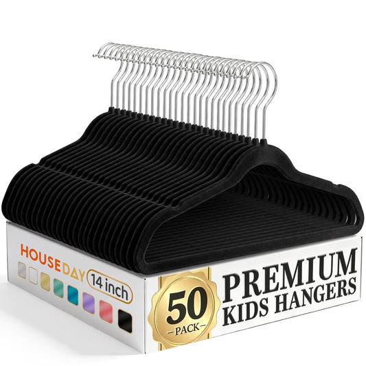 HOUSE DAY 14 Inch Kids Velvet Hangers 50 Pack, Durable Big Kid Hanger Black | Children Hangers for Youth, Teen, Non Slip Kids Felt Hanger, Cute Small Hanger for Closet, Ideal for Everyday Use