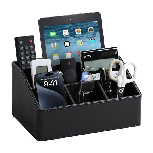 PU Leather Desk Organizer, Remote Control Holder,... (Black | Faux Leather)