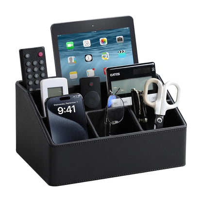 PU Leather Desk Organizer, Remote Control Holder, Black | Luxury Nightstand Organizer for Home, Office Desk Accessories, Bedside Table Caddy with 5 Compartments, Velvet Lining
