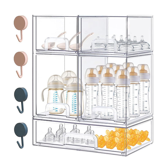 Baby Bottle Organizer with Hooks - 5 Pack Stackable Storage Drawer | Baby Bottle Organizers and Storage, Clear Acrylic Multipurpose Bottle Storage for Countertop