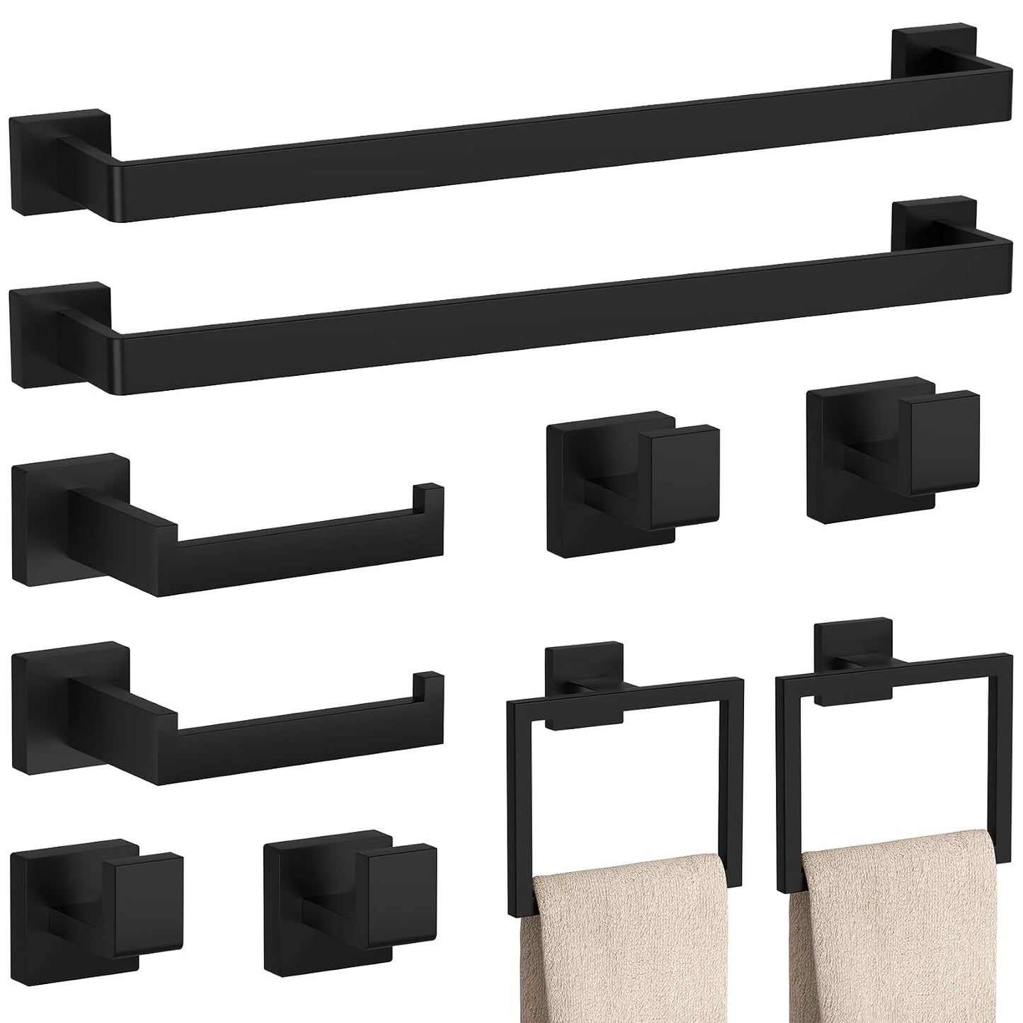 10-Pieces Matte Black Bathroom Accessories Set 23.6 Inch Towel Bar Set. | SUS 304 Stainless Steel Bathroom Hardware Set Towel Racks for Bathroom, Robe Towel Hooks, Toilet Paper Holder Wall Mounted.