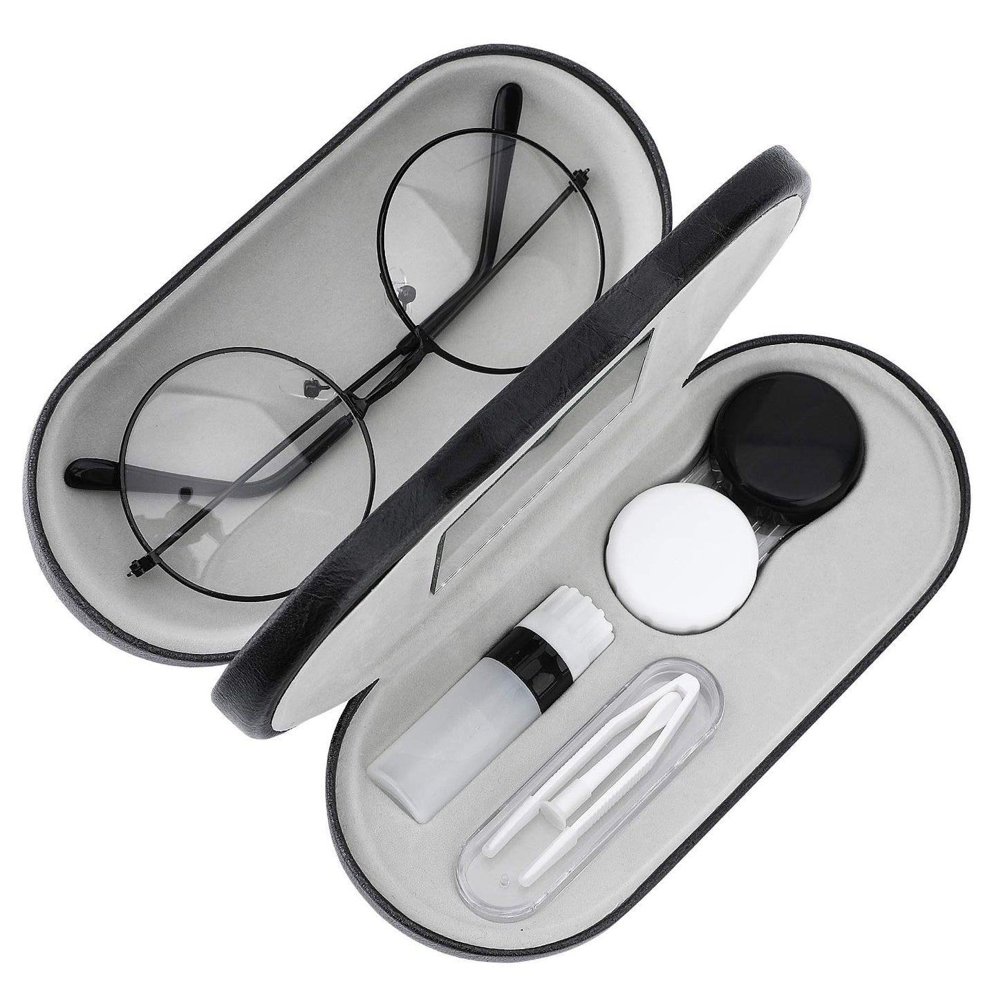 MoKo Double Eyeglass Case,Glasses and contact case 2 in 1 with Mirror | Double Sided Portable Contact Case and Mirror Tweezers Remover,Sunglasses case Container Soak Storage Kit for Women, Black