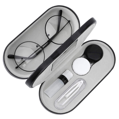 MoKo Double Eyeglass Case,Glasses and contact case 2 in 1 with Mirror | Double Sided Portable Contact Case and Mirror Tweezers Remover,Sunglasses case Container Soak Storage Kit for Women, Black