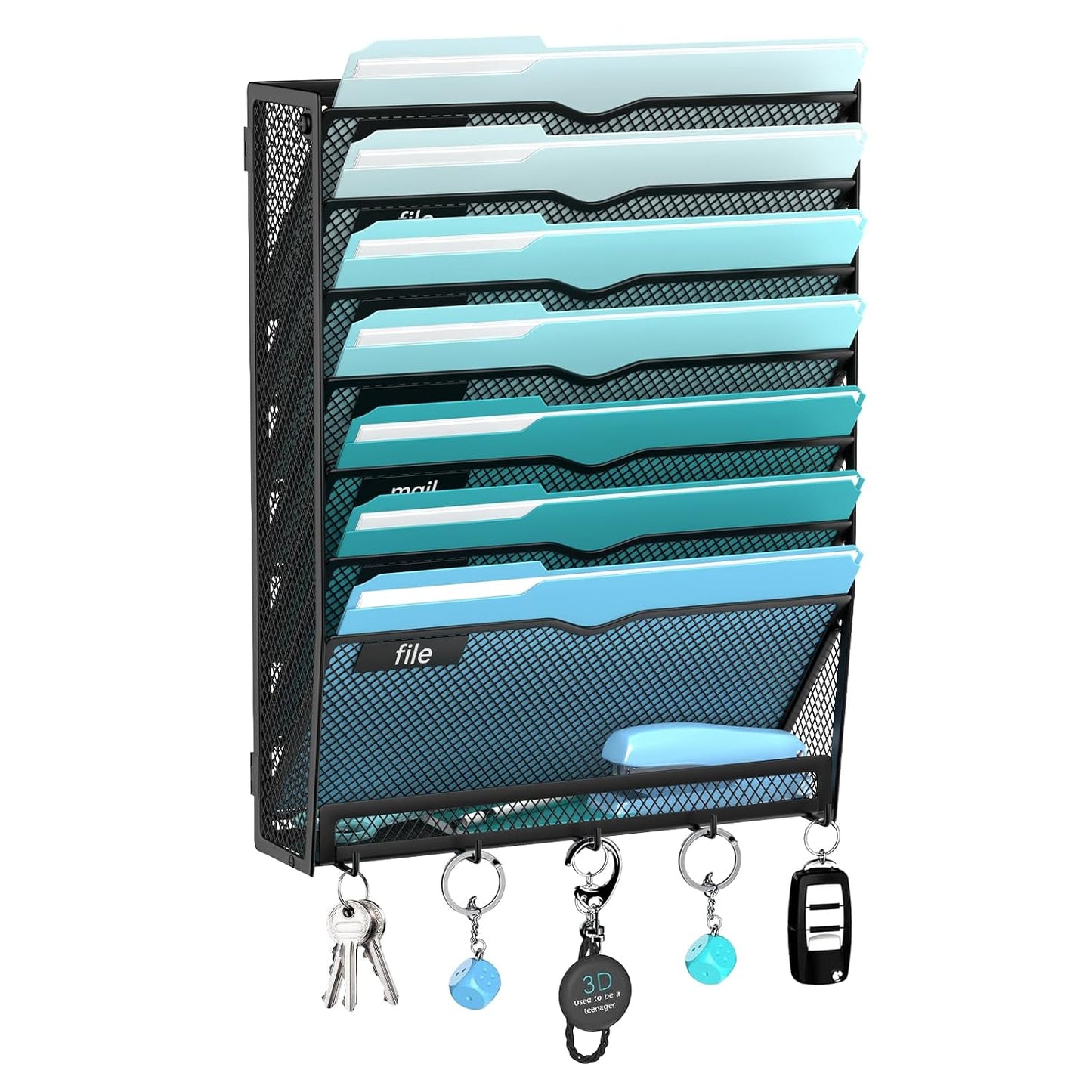 8-Tier Wall File Organizer and Mail Organizer with 5 Hooks, Black | Label slots, curved openings, 5 key hooks, and a bottom tray support organized mail, file, and everyday item storage.