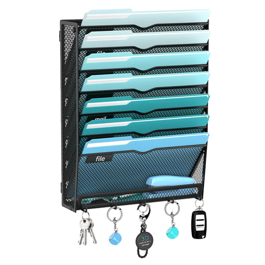 8-Tier Wall File Organizer and Mail Organizer with 5 Hooks, Black | Label slots, curved openings, 5 key hooks, and a bottom tray support organized mail, file, and everyday item storage.