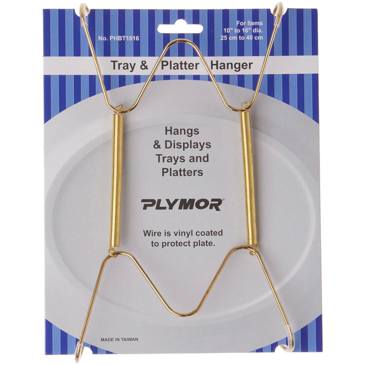 Plymor Gold Tray & Platter Hanger for 10-16 inch Platters | Spring-steel, wall-mountable; edge hooks grip the rim of platters & serving trays; 8.25 x 4.75 x 0.875 inches (H x W x D)