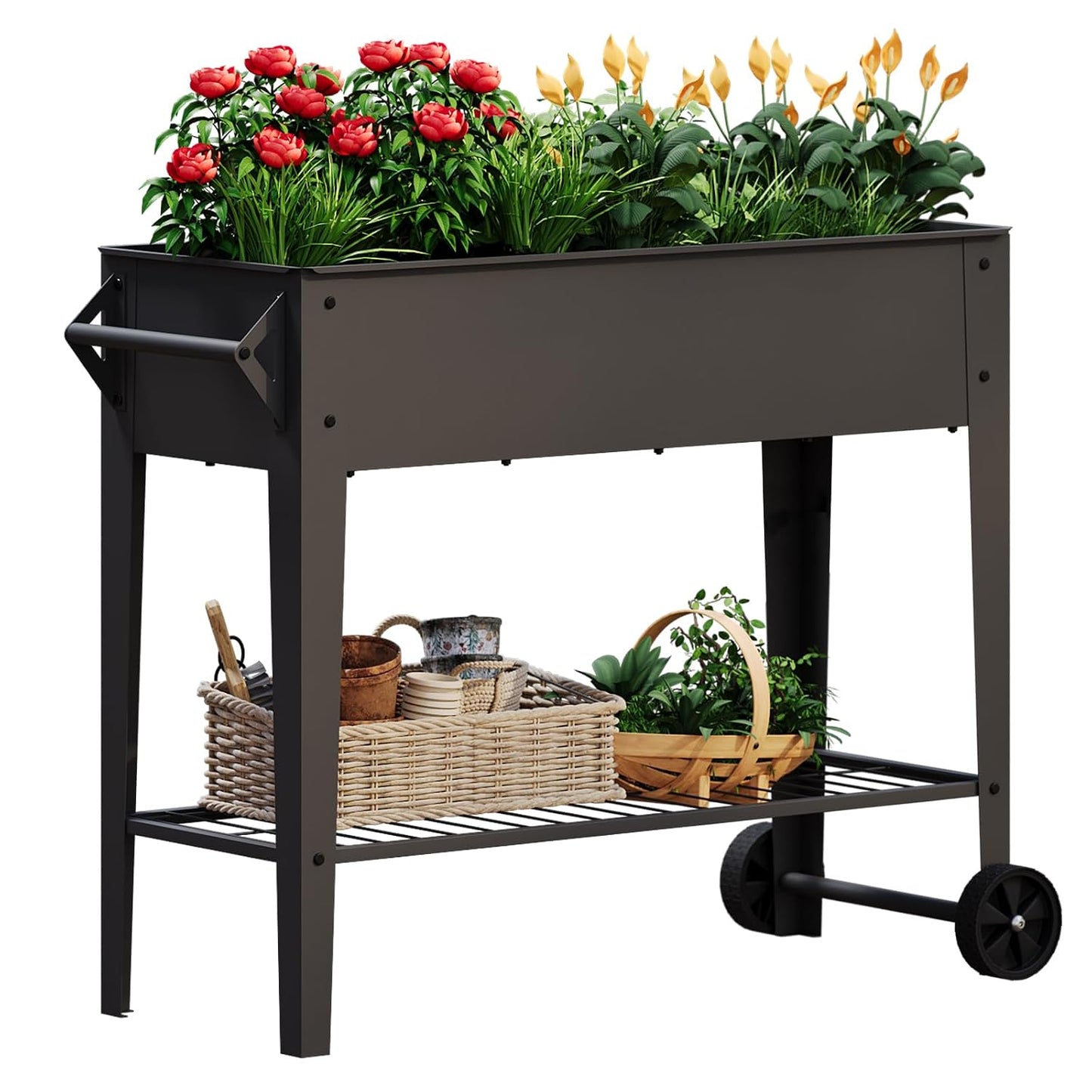 Mobile Raised Garden Bed with Legs and Wheels Metal Elevated Planter Box | 31.9" Tall with Handles Lower Storage Shelf & 5 Drain Holes for Vegetables Herbs Flowers,Garden Patio Balcony Backyard Garage
