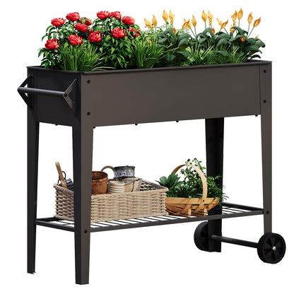 Mobile Raised Garden Bed with Legs and Wheels Metal Elevated Planter Box | 31.9" Tall with Handles Lower Storage Shelf & 5 Drain Holes for Vegetables Herbs Flowers,Garden Patio Balcony Backyard Garage