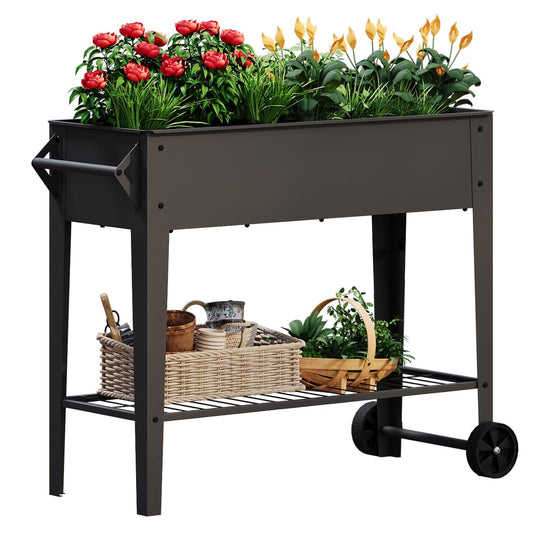 Mobile Raised Garden Bed with Legs and Wheels Metal Elevated Planter Box | 31.9" Tall with Handles Lower Storage Shelf & 5 Drain Holes for Vegetables Herbs Flowers,Garden Patio Balcony Backyard Garage