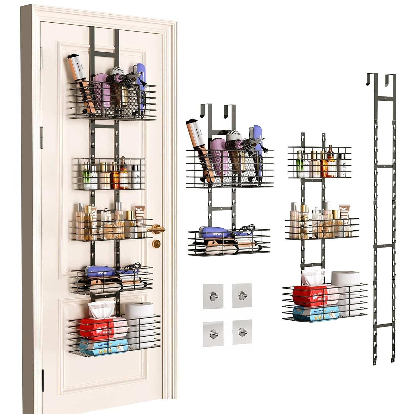 5-Tier Over The Door Organizer Bathroom - Hair Dryer Holder - Hair Tool Organizer Adjustable Height, DIY Bathroom Storage Shelf Wall Mounted for Flat/Curling Irons, Straighteners, Skincare