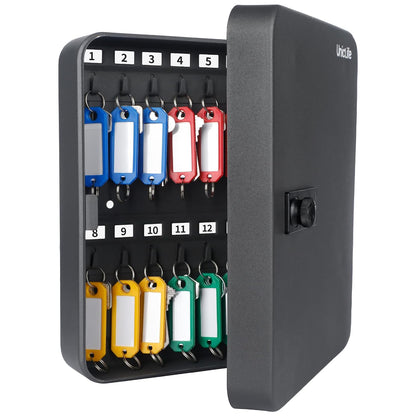 Uniclife 28-Key Steel Key Cabinet, Black Key Box with Combination Lock | Resettable Digital Security Storage Box, Wall-Mounted Key Organizer with Colorful Key Tag Labels for Schools and Companies