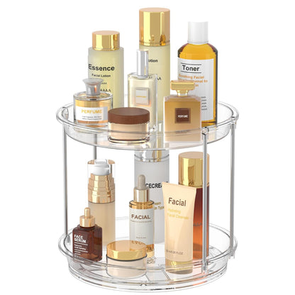 360 Rotating Makeup Organizer, 2 Tier Skincare & Perfume Holder for Bathroom Counter, Clear Spinning Vanity Tray, Lazy Susan Turntable Organizer for Dresser, Kitchen Cabinet