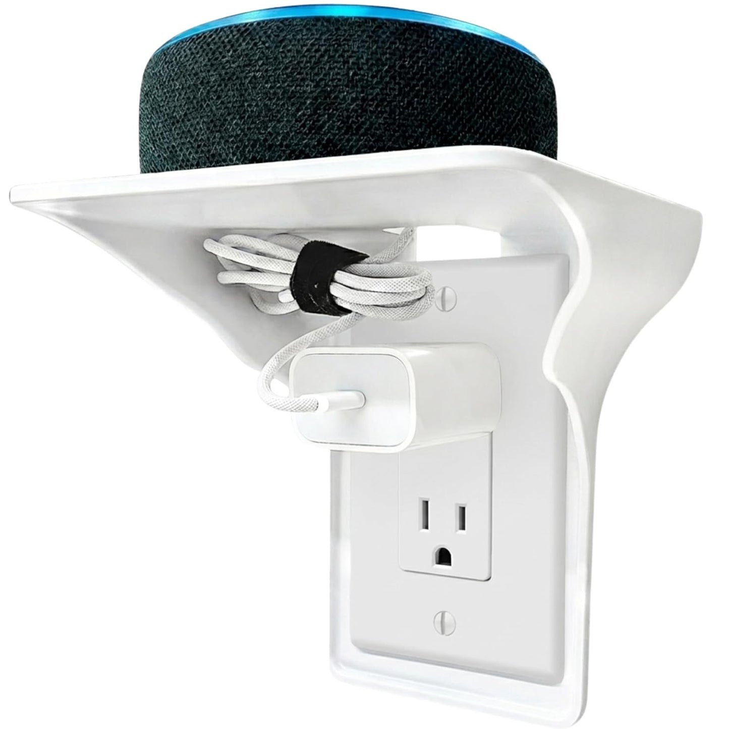 Power Perch Outlet Shelf for Alexa, HomePod Mini, Made in USA, White 1 Pack | Outlet Wall Mount with Cord Storage Strap, Charging Station, WiFi Router Shelf for Bathroom, Bedroom, Kitchen, Holds 10 lb