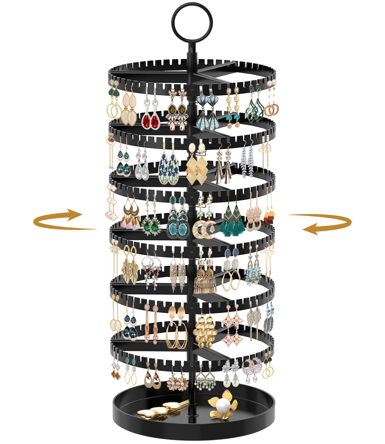 MODOWEY Rotating Earring Holder Organizer Tree Display Stand, 6 Tiers Black | 342 Slots Adjustable Plastic Hanger with Metal Tray for Stud Pierced Hoop, Large Capacity Storage Rack for Women Space-Saving