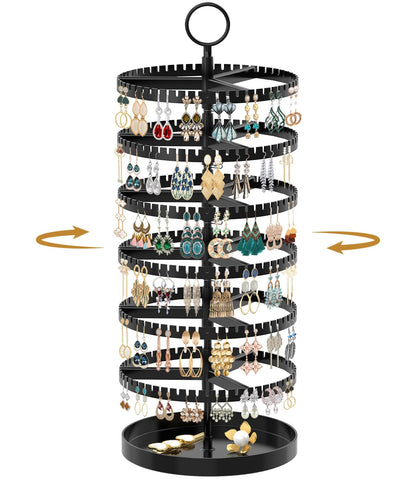 MODOWEY Rotating Earring Holder Organizer Tree Display Stand, 6 Tiers Black | 342 Slots Adjustable Plastic Hanger with Metal Tray for Stud Pierced Hoop, Large Capacity Storage Rack for Women Space-Saving
