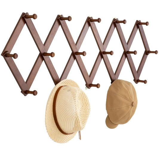 Accordion Wall Hanger, Wooden Hat Rack with 16 Hoo... (Brown | Wood)