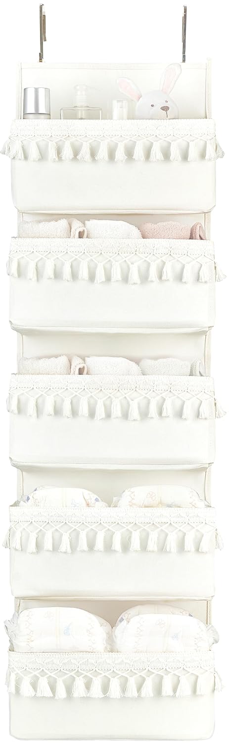 Dahey Over The Door Organizer 5 Pockets Hanging Behind Door Storage, White | Boho Cotton Tassels, Fits 1.77" Door, Space Saving & Big Capacity, Versatile Use, for Nursery Bathroom Bedroom Dorm Decor