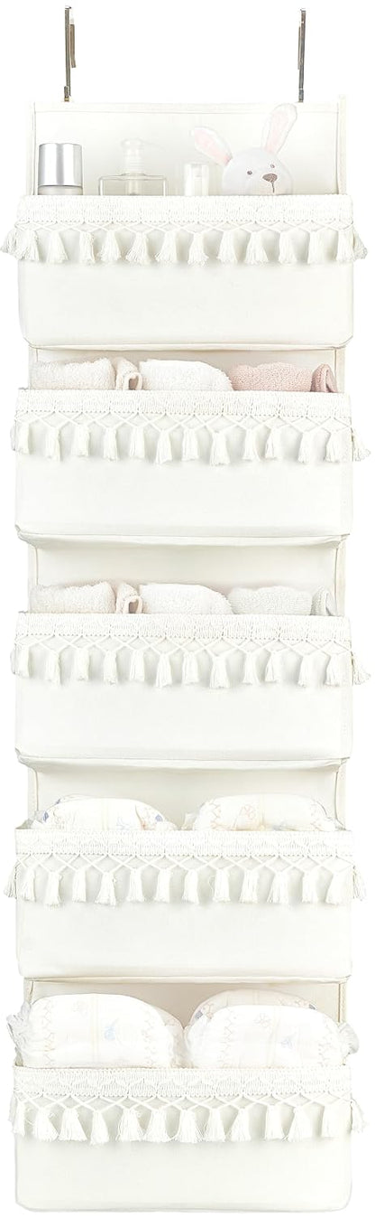 Dahey Over The Door Organizer 5 Pockets Hanging Behind Door Storage, White | Boho Cotton Tassels, Fits 1.77" Door, Space Saving & Big Capacity, Versatile Use, for Nursery Bathroom Bedroom Dorm Decor