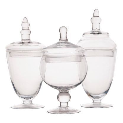 Elements Clear Glass Apothecary Jar Set of 3 with Lids - Decorative Glass Jars for Bathroom, Kitchen, Pantry Storage - Handcrafted, Graduated Heights 10, 9.5, 8.5 In