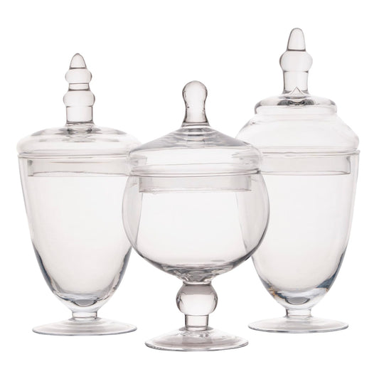 Elements Clear Glass Apothecary Jar Set of 3 with Lids - Decorative Glass Jars for Bathroom, Kitchen, Pantry Storage - Handcrafted, Graduated Heights 10, 9.5, 8.5 In