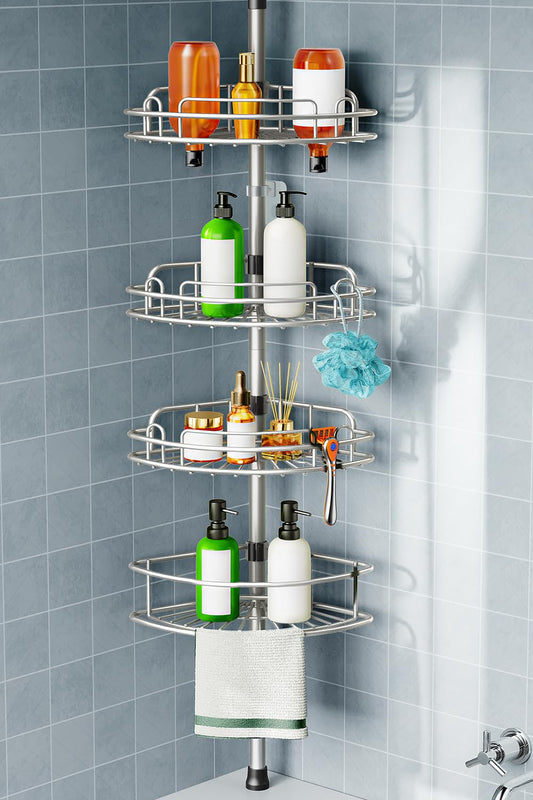 HAMITOR Shower Caddy Tension Pole: 4-Tier Corner Rustproof Bathroom Organizer - No-Drill Adjustable Shower Shelf for Renters - Floor to Ceiling Family Apartment Storage Rack - 47-121 Inch Silver Gray
