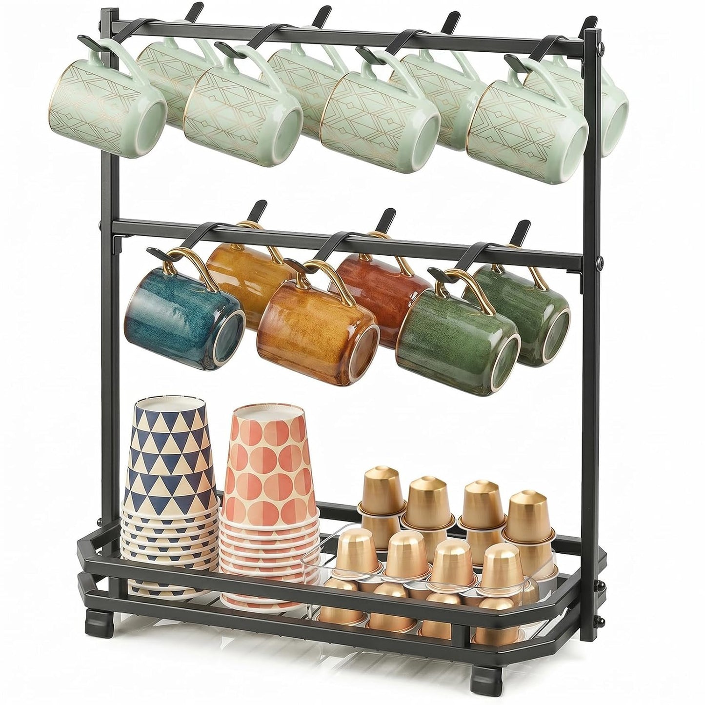 Coffee Mug Holder for Countertop, 14 Hooks Metal Coffee Cup Holder Rack | Mug Tree Stand with Storage Base for K Cup Coffee Pod Paper Cups Tea Bag, 2 Tier, Black