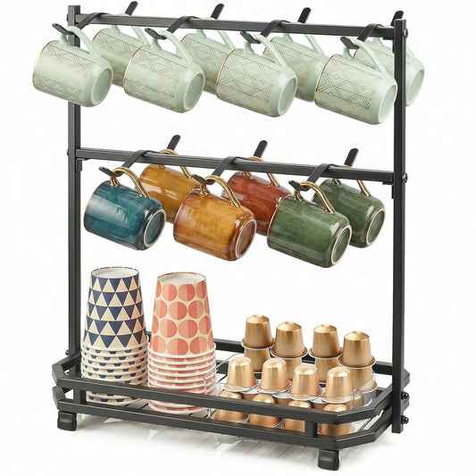 Coffee Mug Holder for Countertop, 14 Hooks Metal Coffee Cup Holder Rack | Mug Tree Stand with Storage Base for K Cup Coffee Pod Paper Cups Tea Bag, 2 Tier, Black