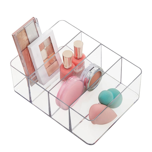 STORi 4-Compartment Clear Plastic Organizer, Rectangular Divided Makeup and Vanity Storage Bin, Use Upright for Eyeshadow Palettes, Made in USA
