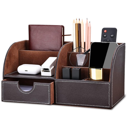 Pu Leather Desk Organizer Pen Pencil Holder Office Supplies Caddy Storage Box 6 Compartments with Drawer Brown