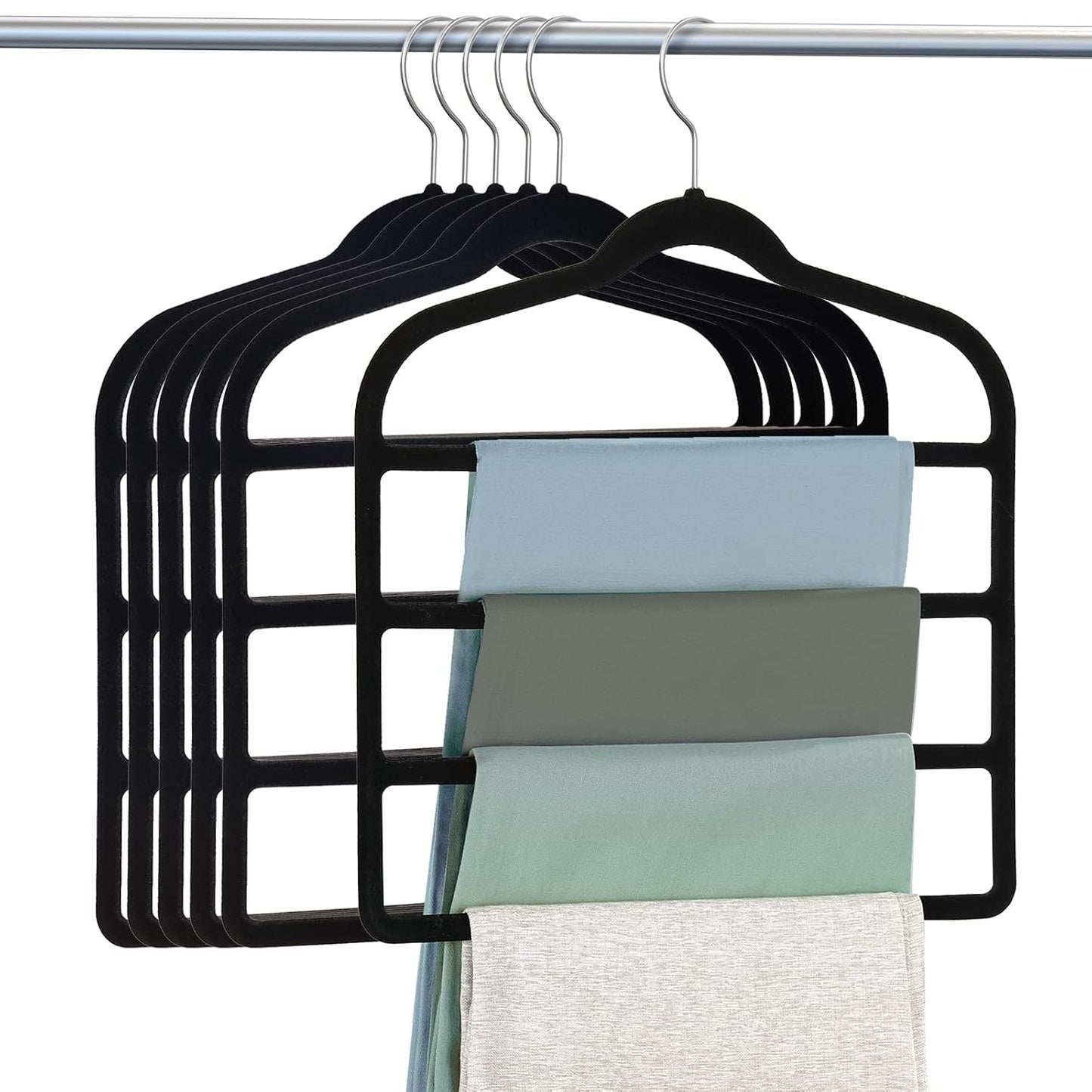 Velvet Hangers Space Saving Non Slip Pant Velvet Hangers Multi Layer Hanger | 6 Pack Black Clothes Hangers Closet Organizer for Pants Trousers Scarf