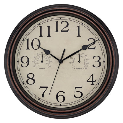Foxtop Indoor Outdoor Waterproof Wall Clock with Thermometer and Hygrometer Combo, 14 Inch Retro Silent Non-Ticking Battery Operated Quartz Round Outdoor Clocks for Patio Home Office (Bronze)