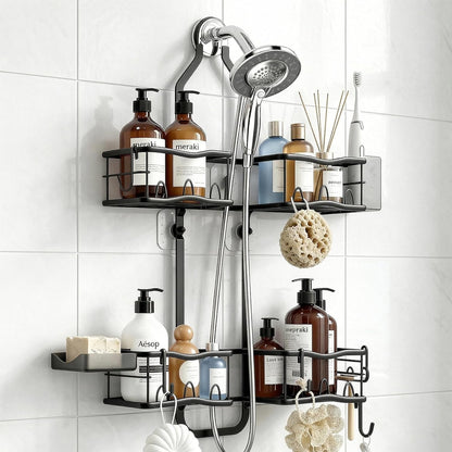 Shower Caddy Hanging Organizer Over Showerhead, Rustproof Black | 2-Tier No-Drill Hanging Shower Organizer with Removable Hooks, Soap Dish, Toothbrush Holder for Bathroom Razor Shampoo Sponge