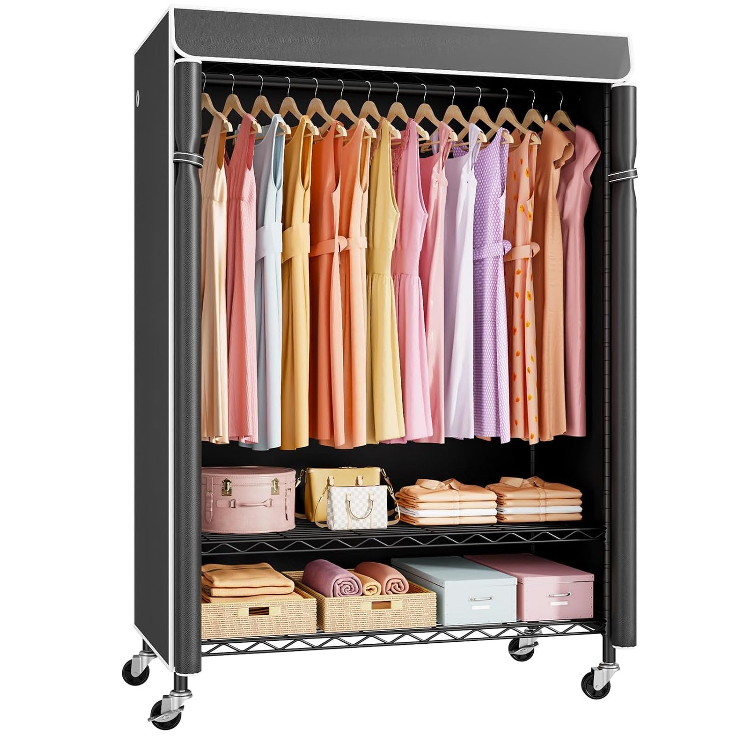 P6C Plus Rolling Clothes Rack with Cover, Covered Clothing Rack | Portable Closets for Hanging Clothes, Heavy Duty Garment Rack on Wheels, Black Closet Rack with Black Cover, Max Load 375LBS