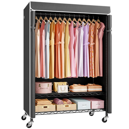 P6C Plus Rolling Clothes Rack with Cover, Covered Clothing Rack | Portable Closets for Hanging Clothes, Heavy Duty Garment Rack on Wheels, Black Closet Rack with Black Cover, Max Load 375LBS