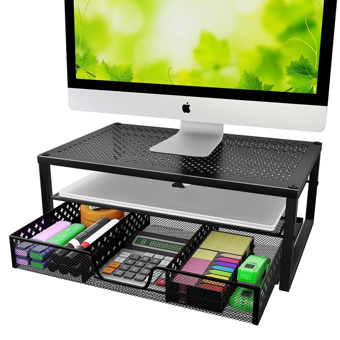 Simple Trending Metal Monitor Stand Riser and Computer Desk Organizer with Drawer for Laptop, Computer, iMac, Black | 16"W x 10"D x 6.25"H. Sturdy Metal Frame. 2-tier + drawer. Holds 66 lbs. Anti-slip. Fits laptop, monitor, iMac. Easy assembly
