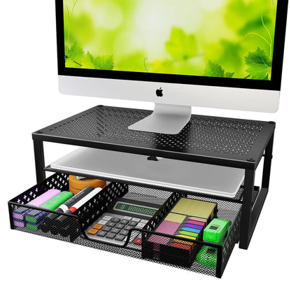 Simple Trending Metal Monitor Stand Riser and Computer Desk Organizer with Drawer for Laptop, Computer, iMac, Black | 16"W x 10"D x 6.25"H. Sturdy Metal Frame. 2-tier + drawer. Holds 66 lbs. Anti-slip. Fits laptop, monitor, iMac. Easy assembly