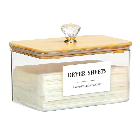 Dryer Sheet Holder with Lid, Clear Dryer Sheet Container, Dryer Sheet Dispenser with 4 Labels, Laundry Sheet Holder for Laundry Room and Organization
